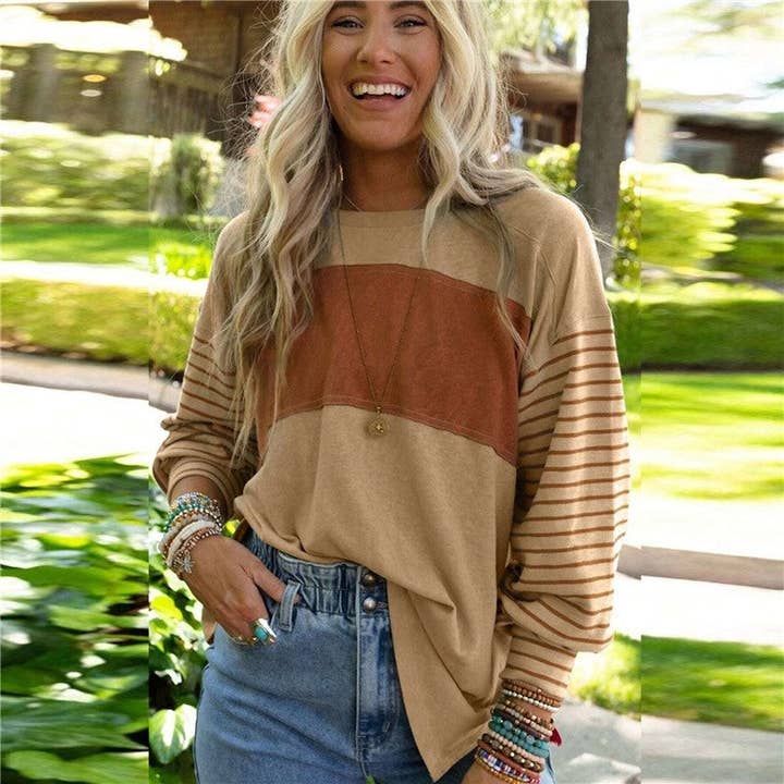 Round Neck Casual Striped Contrast Long-Sleeved T-Shirt for wholesale by ShieldChic