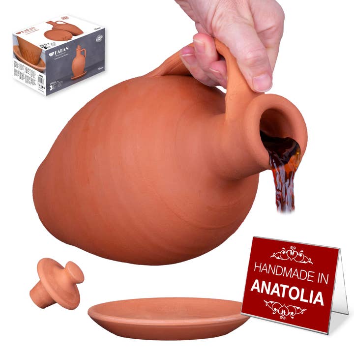 Anadolu Natural Clay Pitcher with Lid and Plate, Small-3 Pcs for wholesale by Hakan