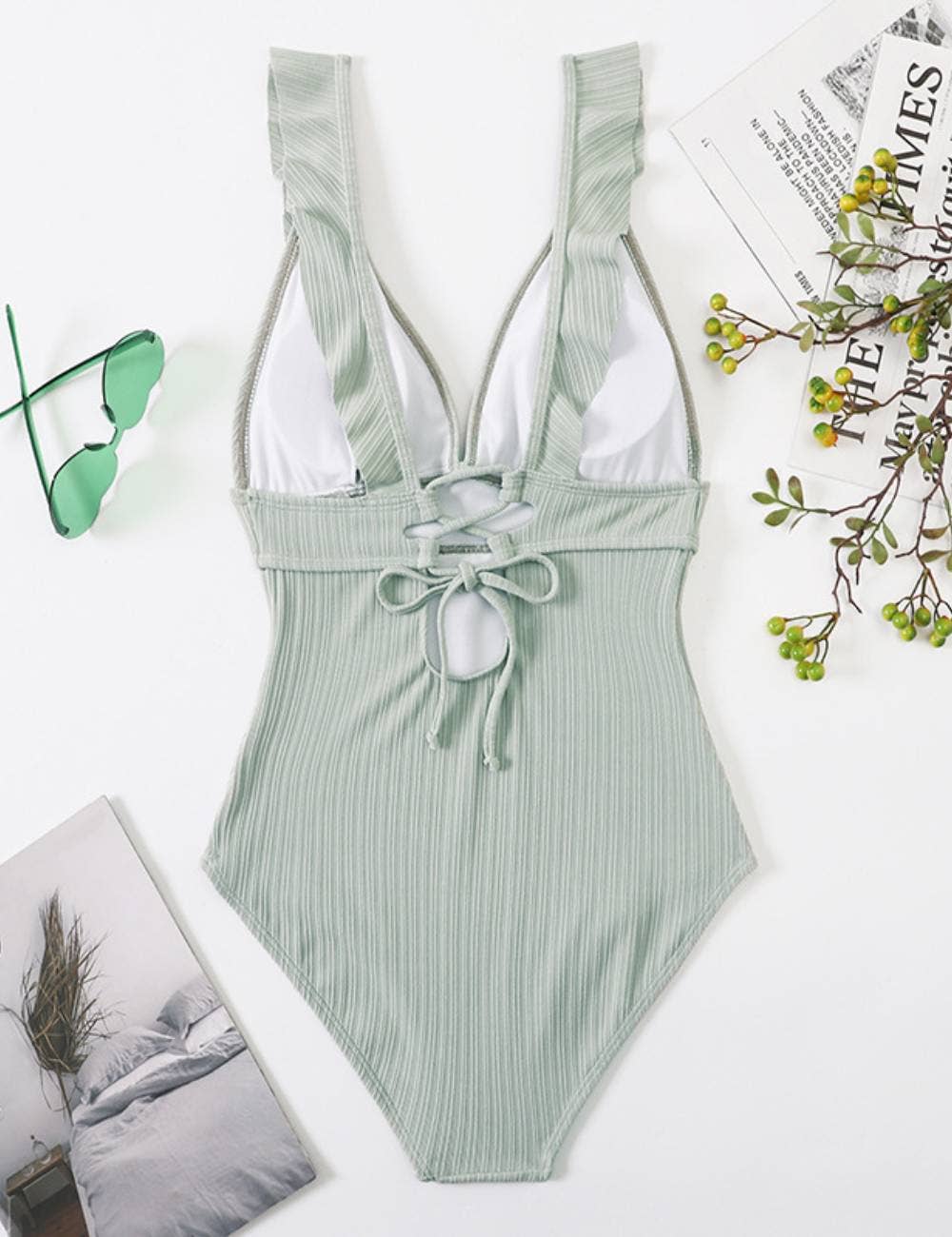 Sweetkama - Wholesale One Piece Swimsuit - Women's - Ladies Rib Ruffle Neck One Piece Swimwear SKSW4007917