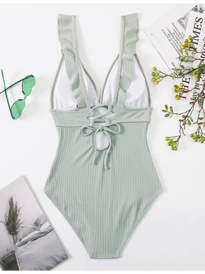 Sweetkama - Wholesale One Piece Swimsuit - Women's - Ladies Rib Ruffle Neck One Piece Swimwear SKSW4007917