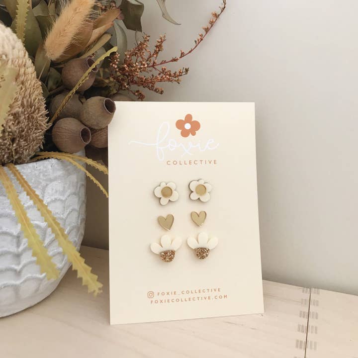 Foxie Collective - Wholesale Jewelry Set - Stud Pack Trio #3 | Cream + Gold | WHOLESALE