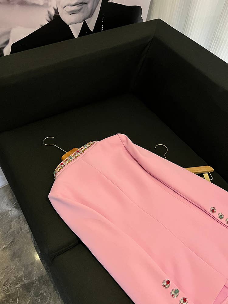 Rose Veste en diamant rose perlée à la main SY379 et costume pantalon skinny en vente sur Faire8