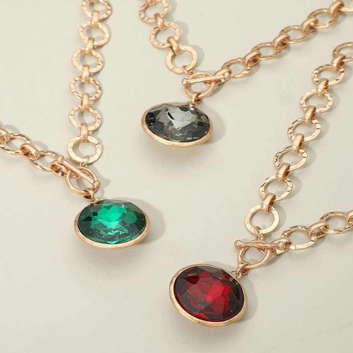 Bold Oval Gemstone Pendant Brushed Metal Chunky Chain Toggle Necklace for wholesale by Sensibling Corp.