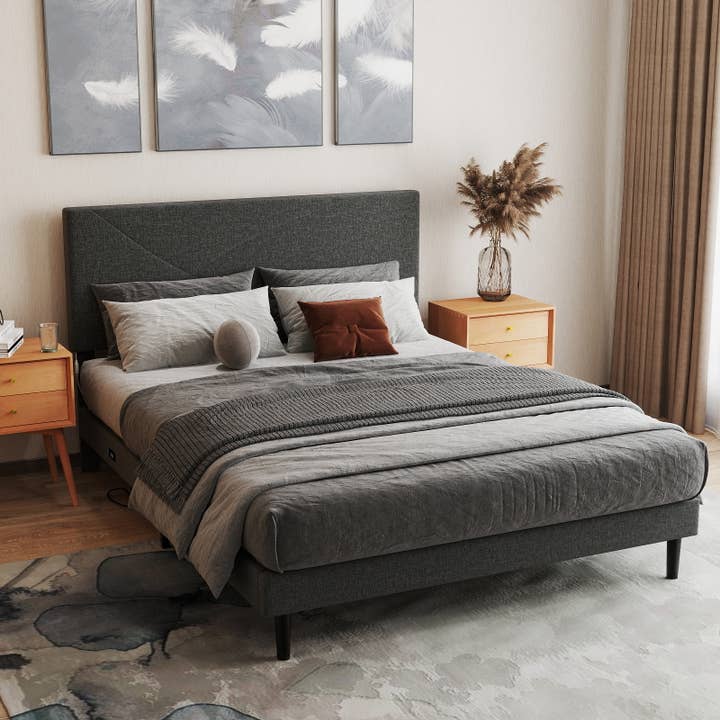 Modern Upholstered Queen Bed Frame with USB Ports for wholesale by HOMYCASA DESIGN INC