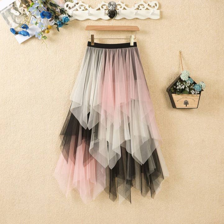 DOUBLJU - Wholesale Skirt - Women's - SPLICED FLUFFY IRREGULAR MESH SKIRT_CWBLS059310