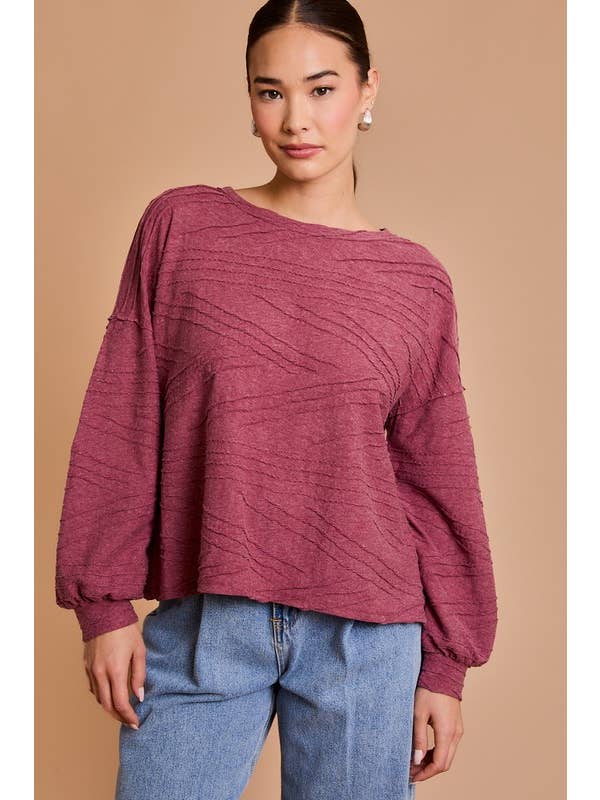 Wine LONG SLEEVE BACK OVERLAP TOP for wholesale on Faire