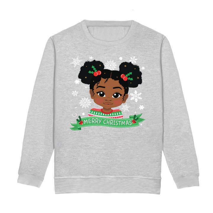 Fefus Designs – wholesale Sweatshirt - Kids – Black Girl Afro Puffs Christmas Sweatshirt – Holiday Jumper | Fefus Designs1