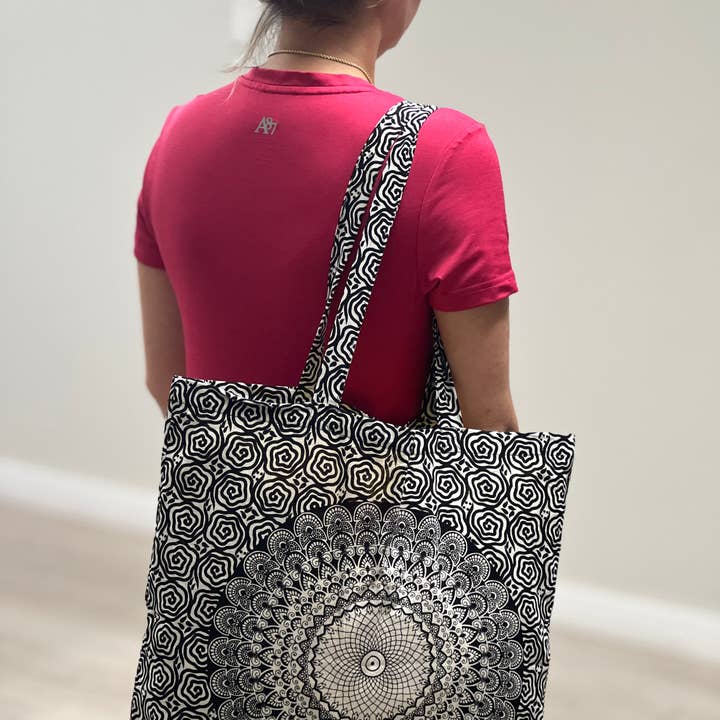 Cotton Tote Bag Mandala B/W 18"x18" for wholesale by Vrinda