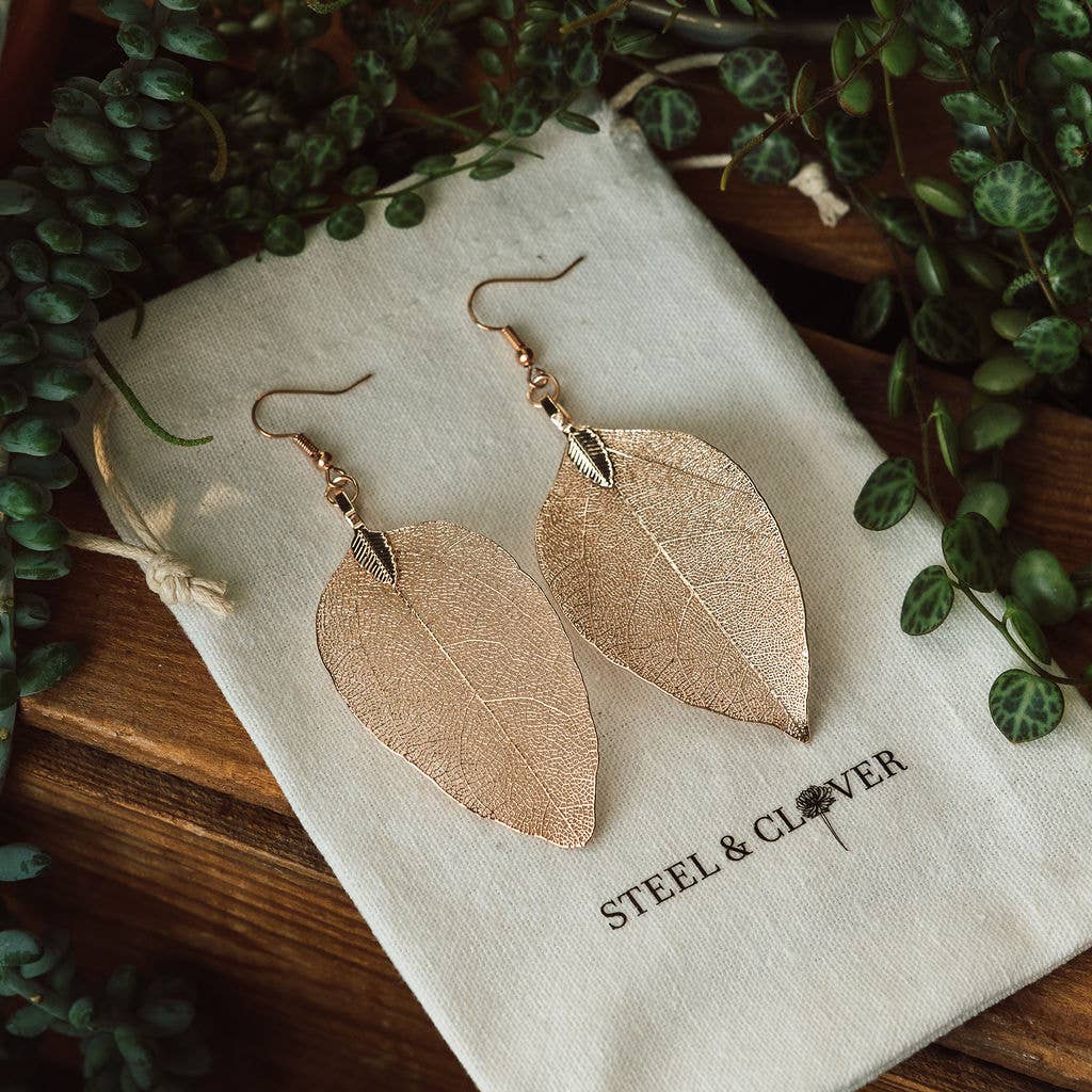 Steel & Clover – wholesale Hängande örhängen – Rose Gold Real Leaf Örhänge3