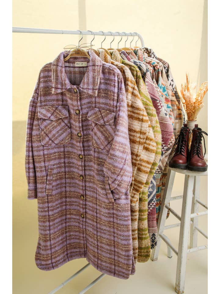 VERY J - Wholesale Shirt Jacket/Shacket - Women's - NJ90325-Aztec & Plaid Printed Shacket Jacket Coat