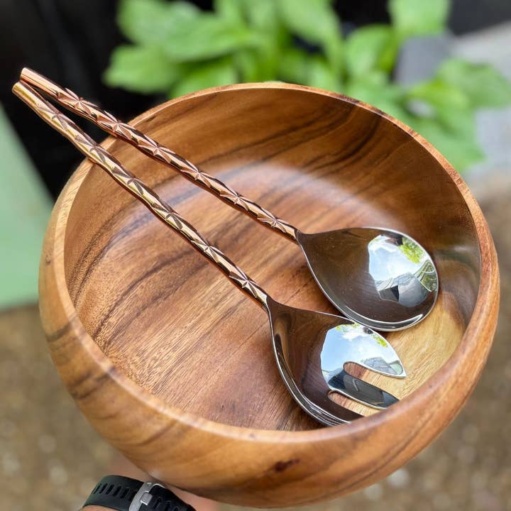 The Fair Share - Wholesale Serving utensil - Steel Salad Server Set with Copper Finish Handles1