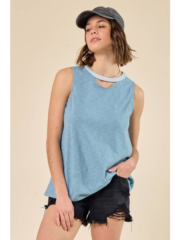 Doe and Rae - Wholesale Tank Top - Women's - Slub Knit Cutout Muscle Tank, Woven Stripe Details - 14754T