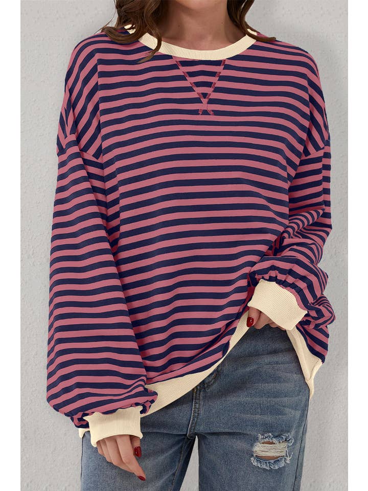 Amaryllis Apparel - Wholesale Sweatshirt - Women's - Stripe Oversized Contrast Trim Pullover Sweatshirt22