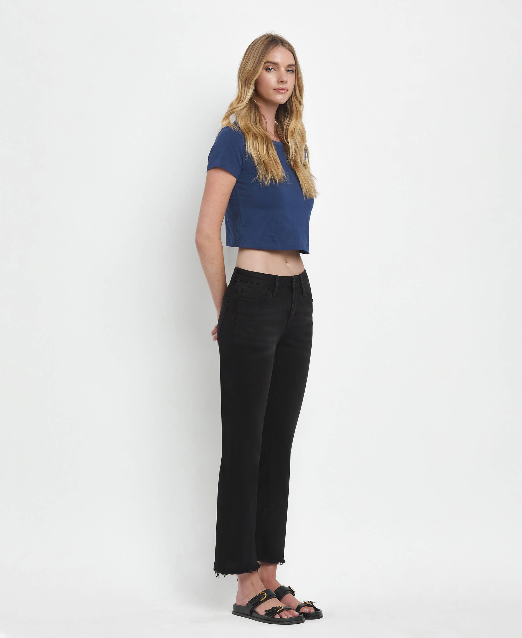 GRANDEUR MID RISE RAW DISTRESSED HEM CROP FLARE JEANS LV1145 for wholesale on Faire6