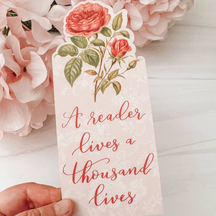 A Reader Lives Rose Diecut Bookmark for wholesale by Wildflower Paper Company
