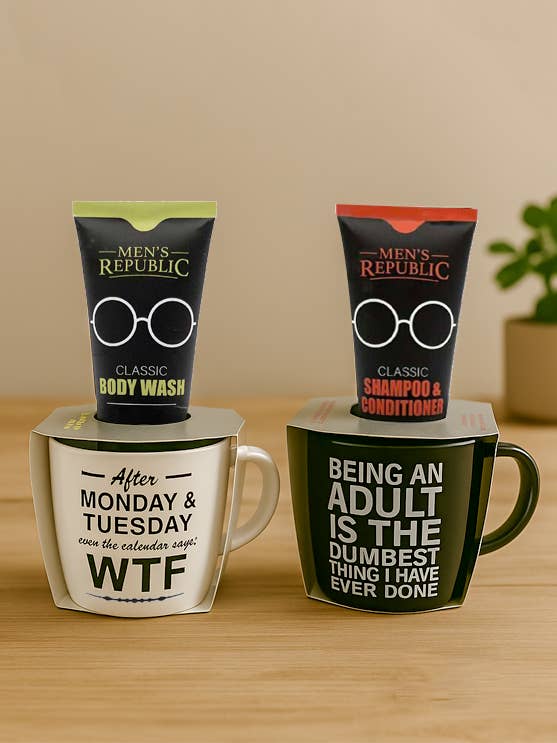 Men's Republic Mug with Grooming Kit (2 Mugs of each style) for wholesale by Men's Republic
