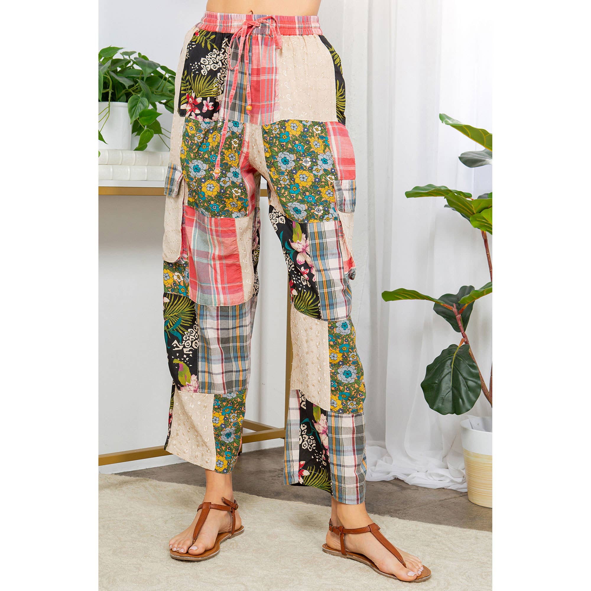 Young Threads - Wholesale Pants - Women's - Bohemian Patchwork Straight Pant Plaid & Schiffli Embroidery1