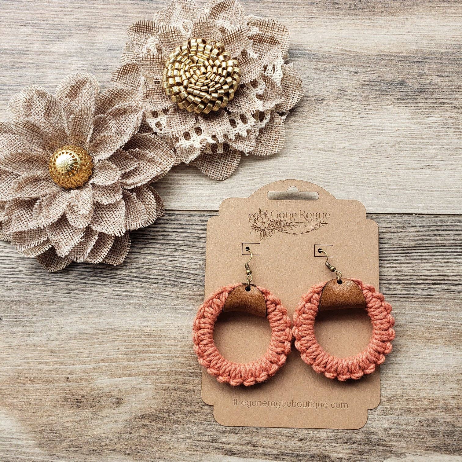 Gone Rogue Boutique - Wholesale Dangle Earrings - Spring Macrame hoop and leather earrings10