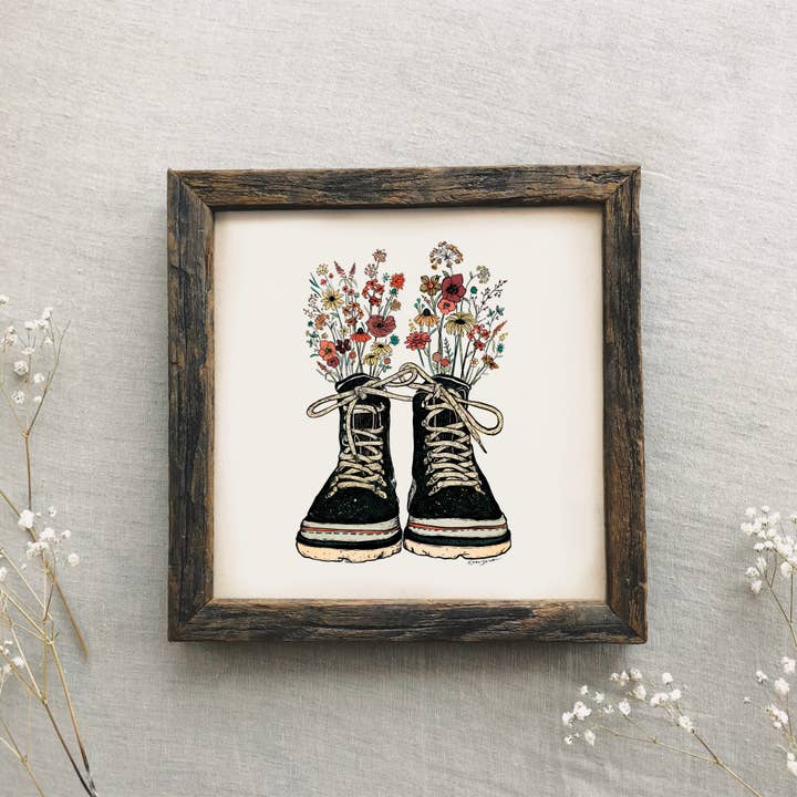 Floral Hiking Boots Art Print for wholesale by Kaari & Co.