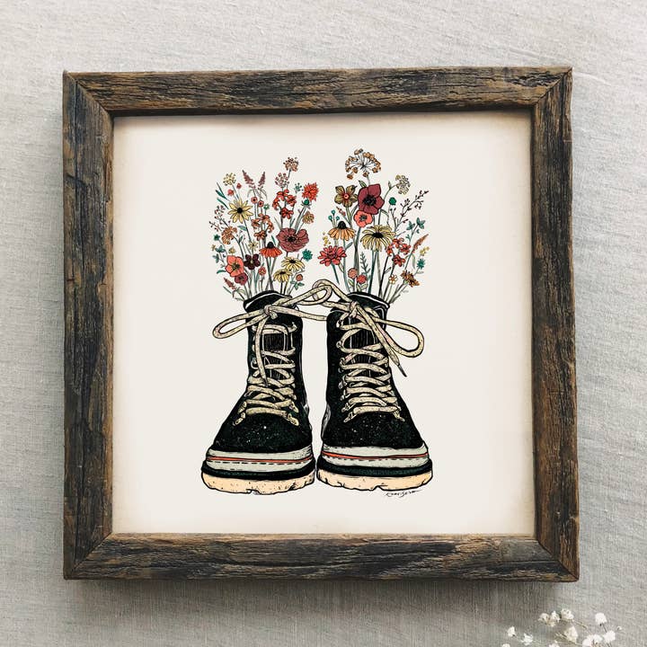 Floral Hiking Boots Art Print for wholesale by Kaari & Co.
