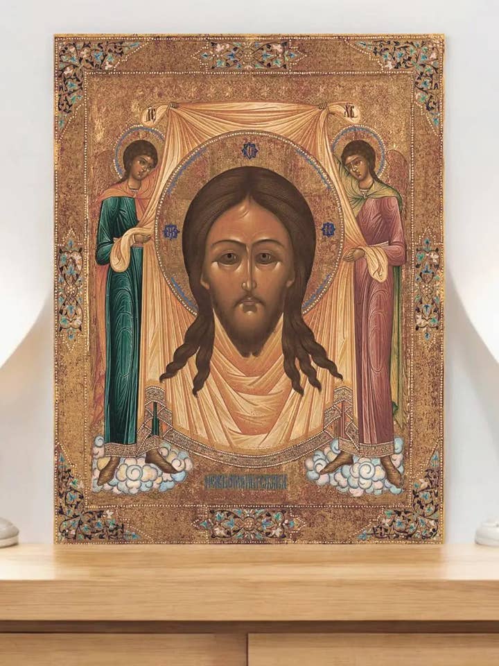 Ikone von Jesus Christus Das Mandylion (Ubrus) mit zwei Engeln für den Großhandel von Iconsofsaints