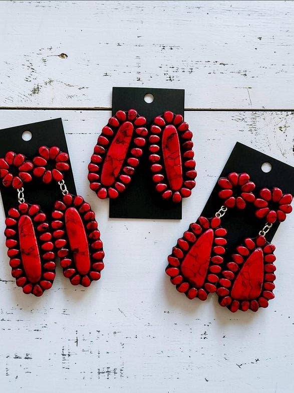 Grote rode oorbellen met imitatiesteen, lichtgewicht oorbellen van klei in western‑stijl voor wholesale door Shop B.A Wear