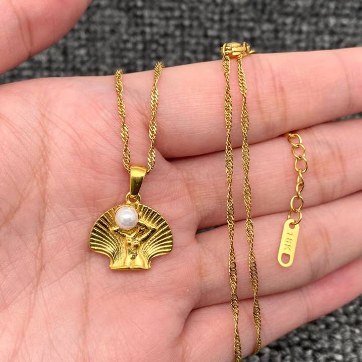 Pearl Mermaid Scallop Charm 18K Golden SS Necklace - FGS for wholesale by Mio Queena