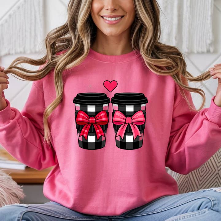 Buffalo Plaid Coffee Cup Sweatshirt with Bows, Coffee Lovers for wholesale by TheWorldOfMYes