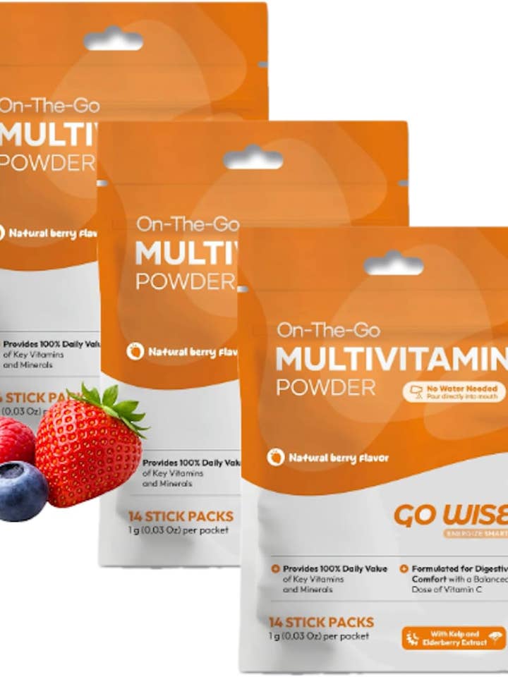 Go Wise On The Go Multivitamin Powder (Pack of 3) – 14 Vegan Daily Vitamin Stick Packs, Natural Berry Flavor, Gluten-Free Energy & Immune Support for wholesale by Go Wise