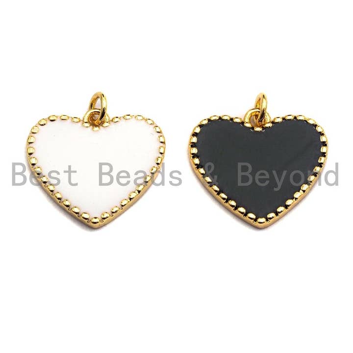 Pendente Coração Preto Esmalte Branco com Acabamento Dourado, Ena Preto por atacado de BestBeads&Beyond