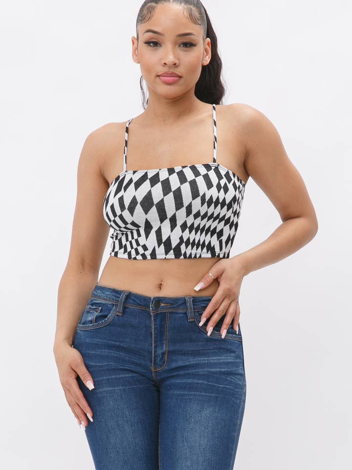 Checker Jacquard Sleeveless Spaghetti Strap Crop Tube Top for wholesale by Julia by LoveJ