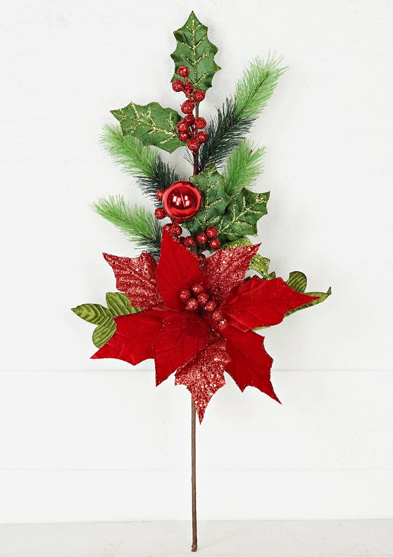 Impressive Enterprises, Inc. - Wholesale Christmas Decoration - ISB79502- 26in Velvet Holiday Poinsettia Branch-RED1