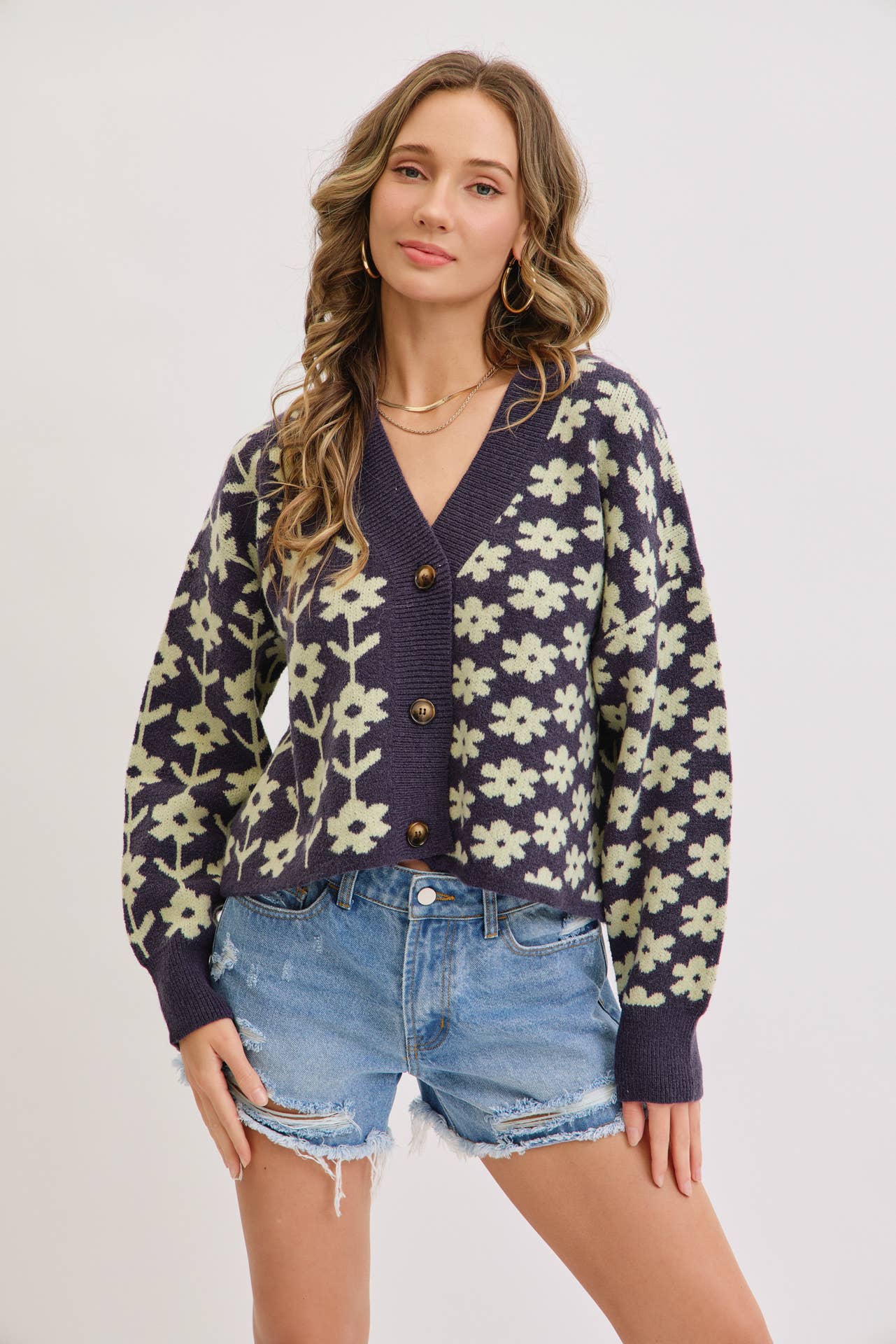 NAVY COZY PLAYFUL CASUAL FLORAL PRINT SWEATER KNIT CARDIGAN for wholesale on Faire8