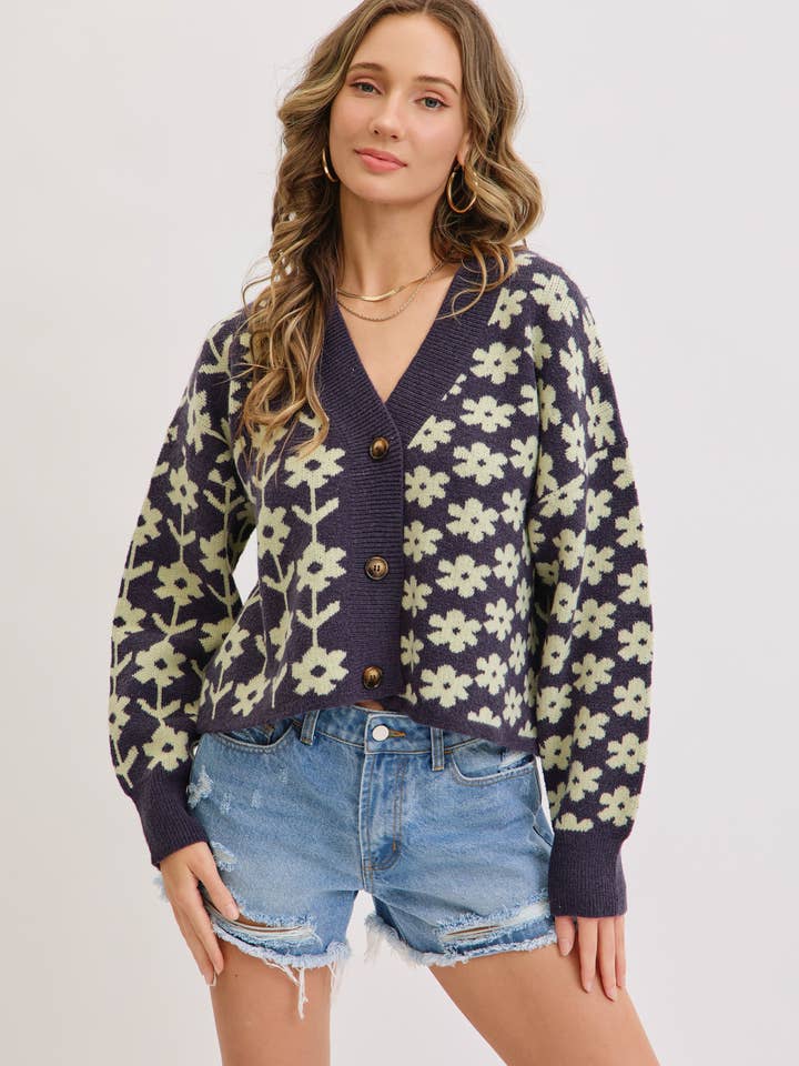 NAVY COZY PLAYFUL CASUAL FLORAL PRINT SWEATER KNIT CARDIGAN for wholesale on Faire8