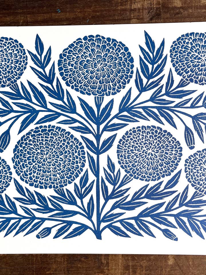 Garden Series: Navy Marigold Risograph Art Print for wholesale by Katharine Watson