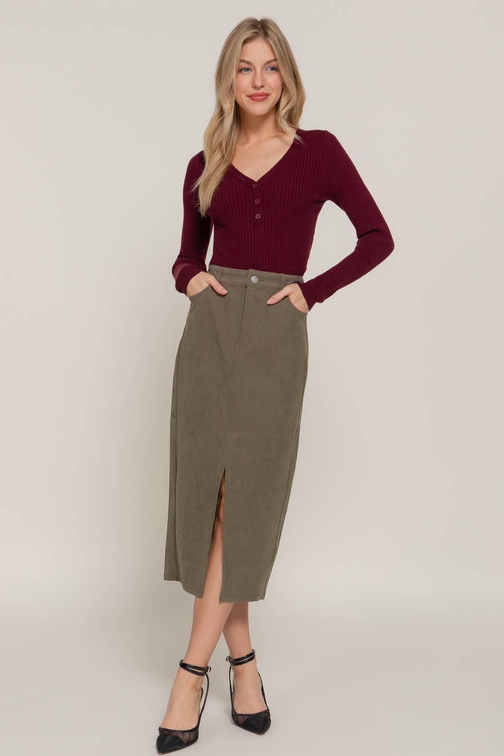 Active Basic | Active USA - Wholesale Skirt - Women's - Waist Band Front Open Slit Corduroy Midi Skirt11