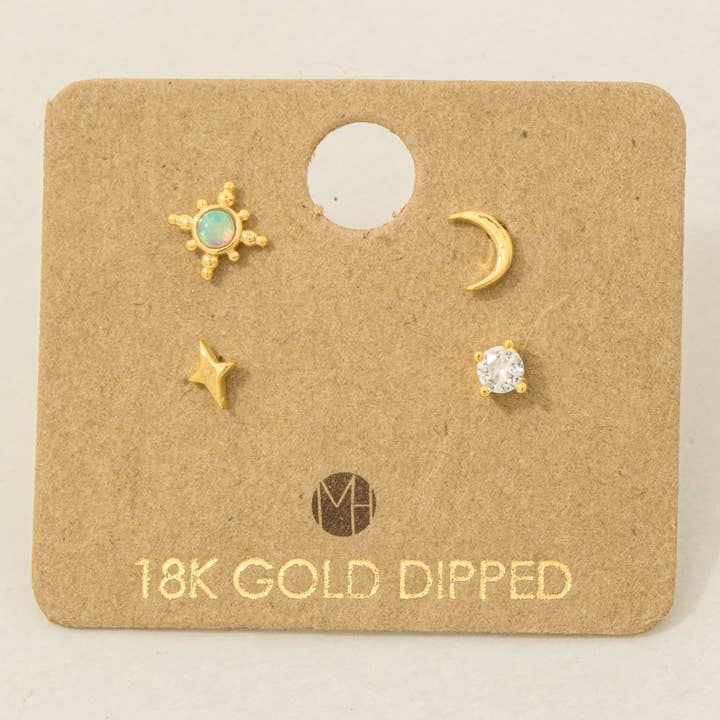 Fame Accessories - Wholesale Stud/Post Earrings - Gold Dipped 4Pc Star Moon Stud Earrings Set1
