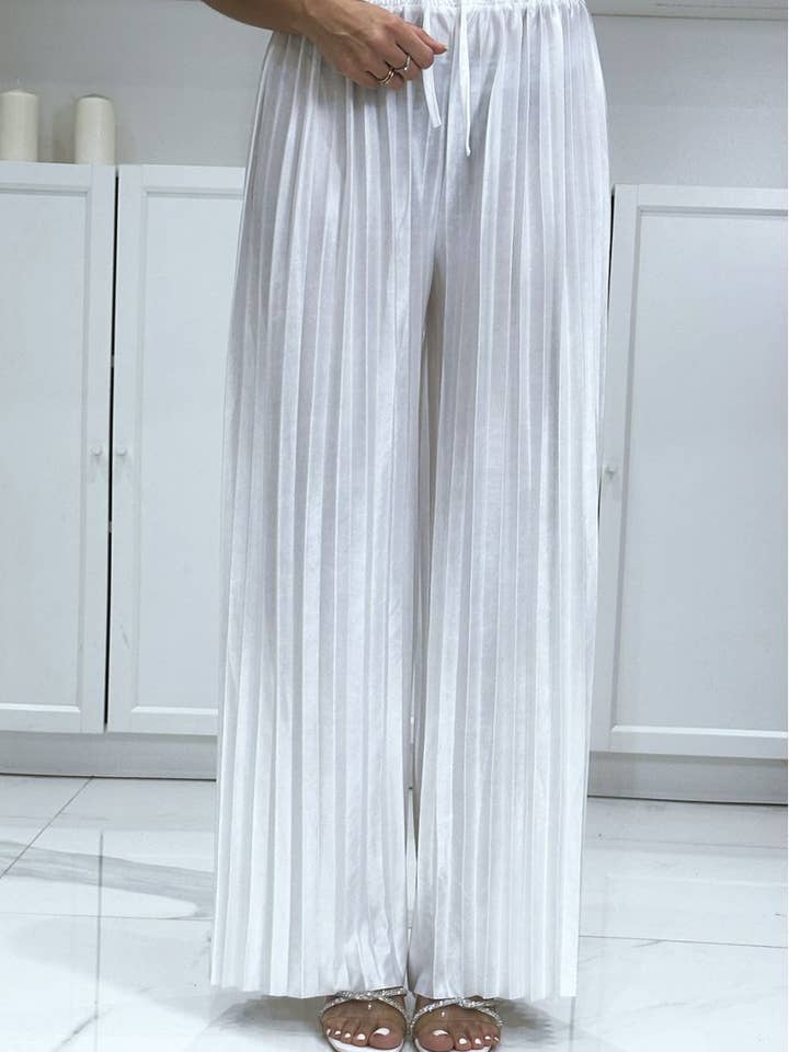 LS GROUP – Engroshandel Bukser - Dame – Hvid plisseret palazzobukser i satin One size