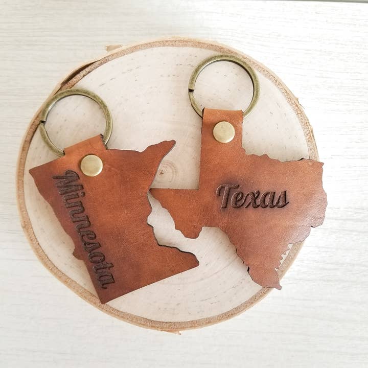 Brown Leather State Keychain for wholesale on Faire4