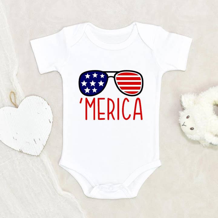 Merica Glasses Baby Onesie - Fourth Of July Baby Clothes for wholesale by NewBabyWishes