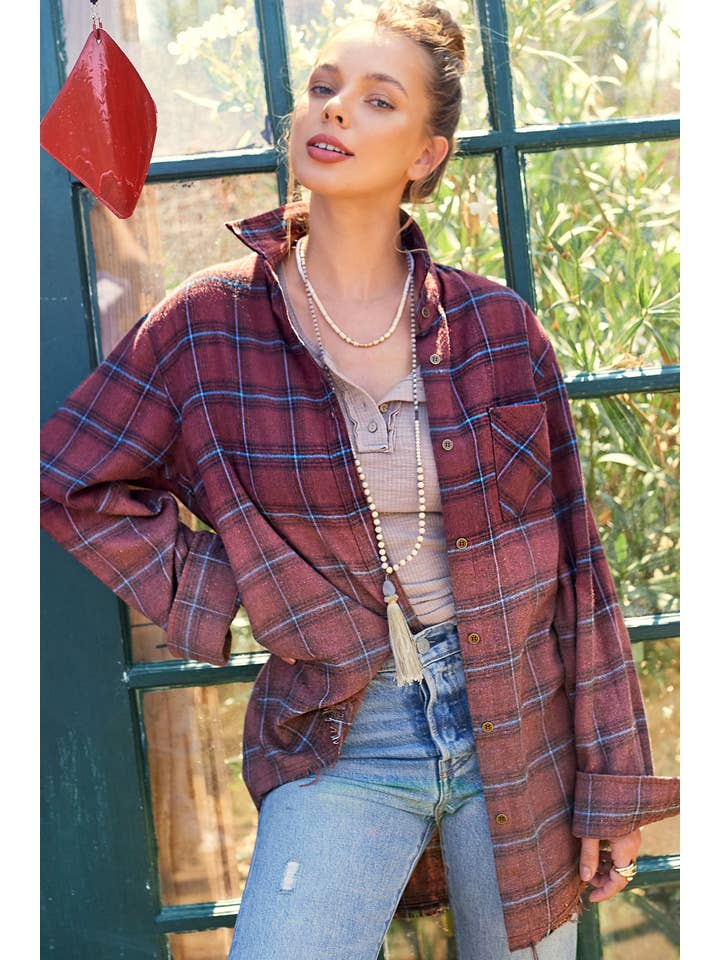 La Miel - Wholesale Buttoned-down shirt – Women's - SRT1329-Loose Fit Button Down Two-Tone Washed Plaid Shirts1