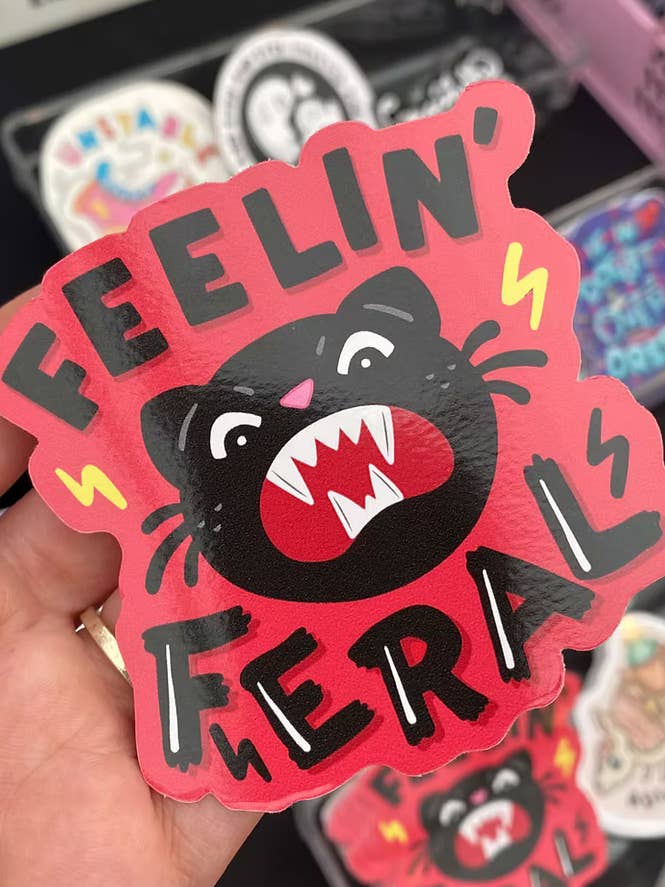 Funny Feral Cat Sticker | Angry Black Cat Sticker for wholesale by Yasmin Cousins