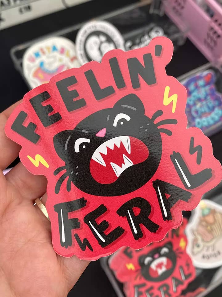 Funny Feral Cat Sticker | Angry Black Cat Sticker for wholesale by Yasmin Cousins