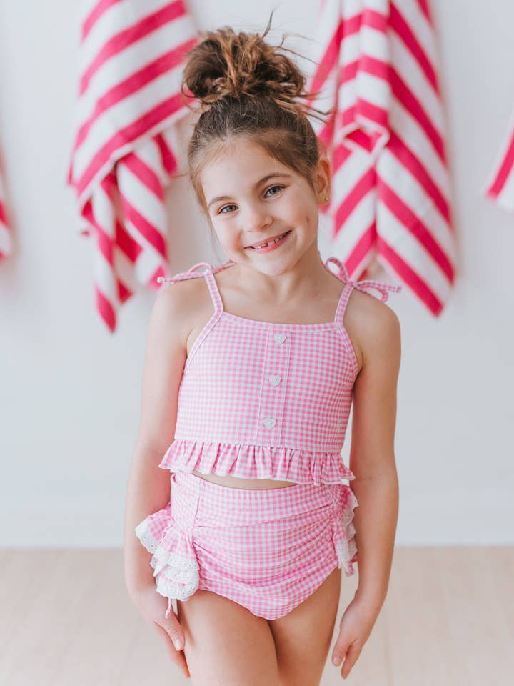 Bikini taille haute à carreaux rose paradis pour la vente par Love and Grow Clothing Co