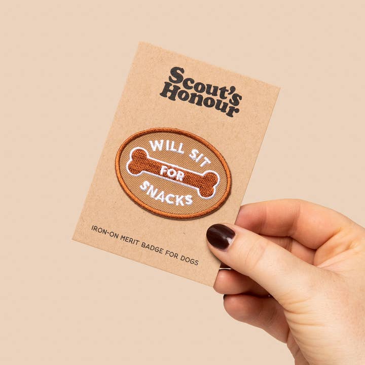 Scout's Honour Pty Ltd - Wholesale Pet Bandana - Dog - Will Sit For Snacks iron-on patch for dogs and cats1