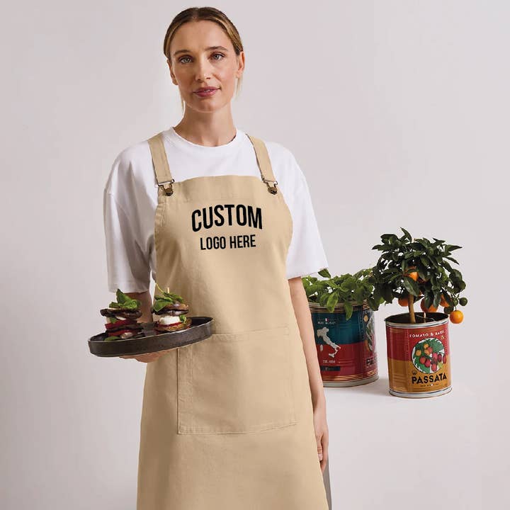 Custom Logo Cross back 'barista' bib apron for wholesale by Lovetree Design