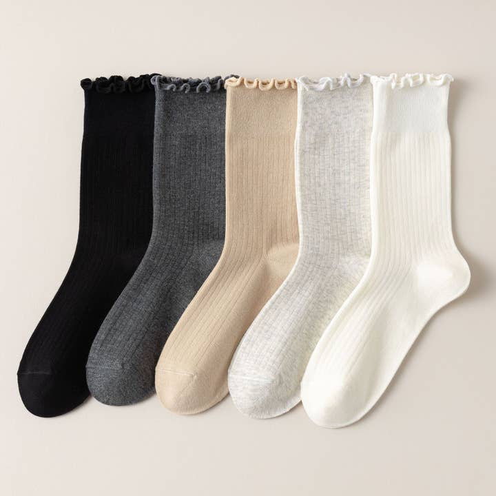 ACCITY - Wholesale Socks - Women's - Vertical Stripes Thin Solid Ruffle Crew Socks_CWMS0948