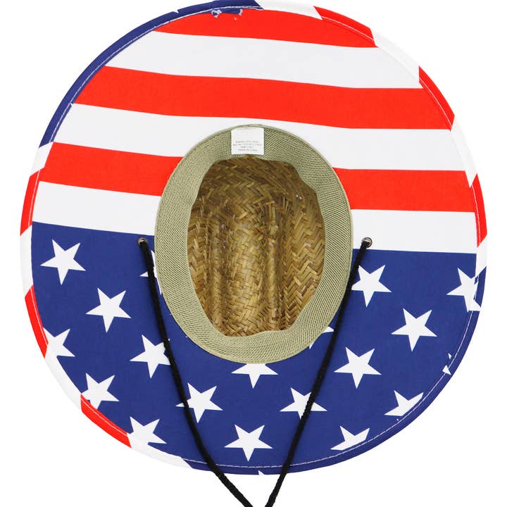 Cap Zone - Wholesale Straw Hat - Unisex - American Flag Under Brim Rush Straw Lifeguard Hat4