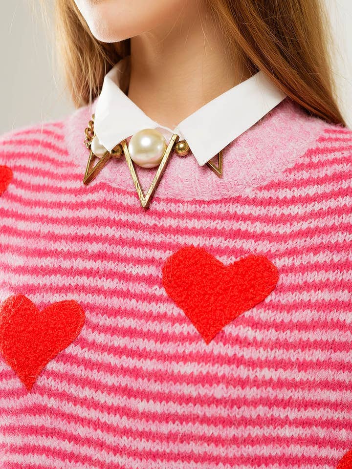 FUCHSIA pink striped Sweater with hearts in red color for wholesale on Faire4