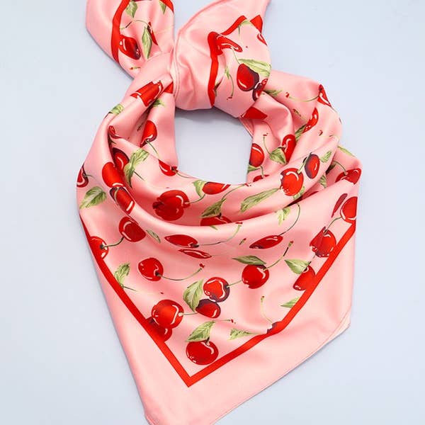 Pink CHERRY PRINT SILKY FEEL BANDANA SCARF | 40SC626 for wholesale on Faire